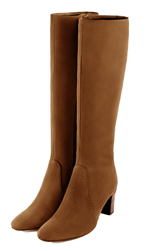 Caramel brown women's feminine knee-high boots. Round toe. Medium block heels. Made to measure. Front view - Florence KOOIJMAN